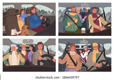 Collection of people on way to vacation. Winter road trip of family and friends sitting in car. Man and woman with kids going to resort. Passengers and attentive driver, tourists vector in flat