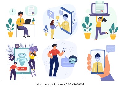 Collection of people online using different devices - laptop, mobile phone. Set of men and women surfing internet and talking with chatbot. Trendy flat design concepts. Vector illustration