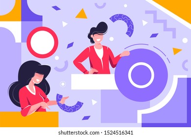 Collection of people organizing abstract geometric shapes scattered around them. Bundle of young men and women collecting figures. Concept of teamwork. Flat vector illustration in contemporary style.