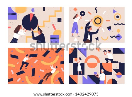 Collection of people organizing abstract geometric shapes scattered around them. Bundle of young men and women collecting figures. Concept of teamwork. Flat vector illustration in contemporary style.