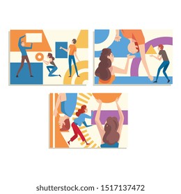 Collection of People Organizing Colorful Abstract Geometric Shapes, Men and Women Holding and Arranging Different Figures Vector Illustration