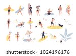 Collection of people performing summer outdoor activities at beach - sunbathing, walking, carrying surfboard, swimming in sea. Cartoon characters isolated on white background. Vector illustration.