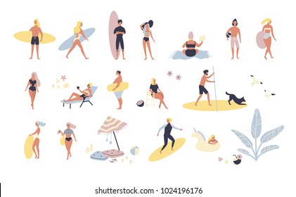 Collection of people performing summer outdoor activities at beach - sunbathing, walking, carrying surfboard, swimming in sea. Cartoon characters isolated on white background. Vector illustration.