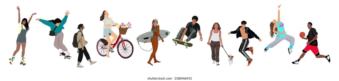 Collection of people performing summer outdoor activities - walking dogs, riding bicycle, skateboarding, dancing, playing basketball. Group of teenage cartoon characters isolated. Vector illustration.