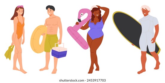 Collection of people performing summer outdoor activities at beach - sunbathing, walking, carrying surfboard, swimming in sea. Cartoon characters isolated on white background. Vector illustration.