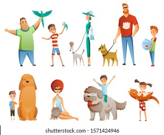 Collection of people with pets isolated on white background. Set of men and women holding their domestic animals. Bundle of male and female flat cartoon characters. Colorful vector illustration