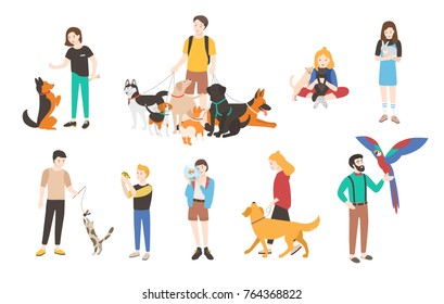 Collection of people with pets isolated on white background. Set of men and women holding their domestic animals. Bundle of male and female flat cartoon characters. Colorful vector illustration.