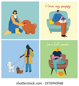 Collection of people with pets. Set of men and women holding their domestic animals. Bundle of male and female flat cartoon characters. Colorful vector illustration.