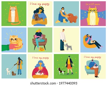 Collection of people with pets. Set of men and women holding their domestic animals. Bundle of male and female flat cartoon characters. Colorful vector illustration.