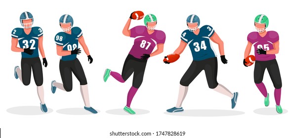 Collection of people playing gridiron in teams. Competition between members. American football players involved in aggressive kind of sports. Running athletes and tossing ball, vector in flat style