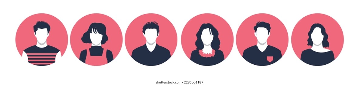 Collection of people portraits in different round frames of various big business team vector flat illustrations. Collection of avatars of people, men and women. Group of happy smiling coworkers.