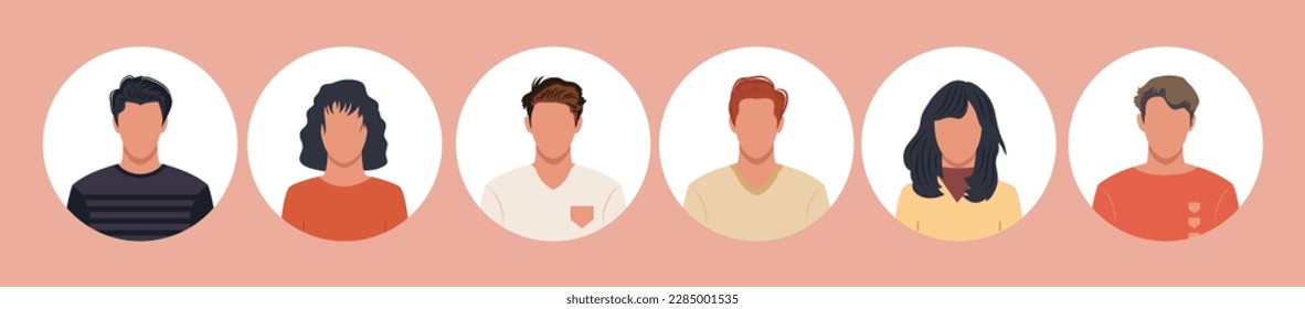 Collection of people portraits in different round frames of various big business team vector flat illustrations. Collection of avatars of people, men and women. Group of happy smiling coworkers.