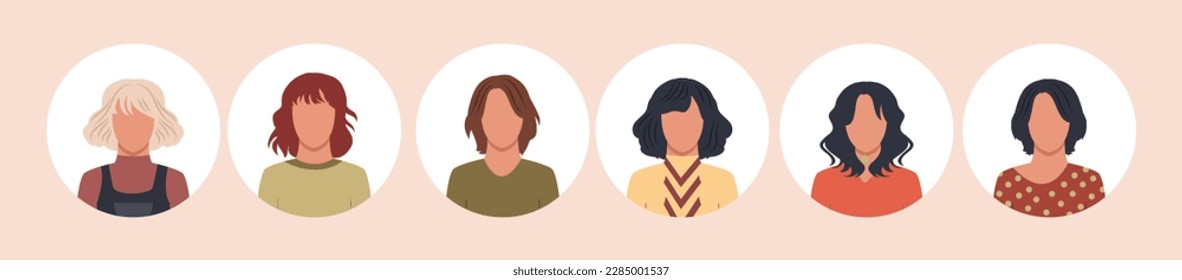Collection of people portraits in different round frames of various big business team vector flat illustrations. Collection of avatars of people, men and women. Group of happy smiling coworkers. - Shutterstock ID 2285001537