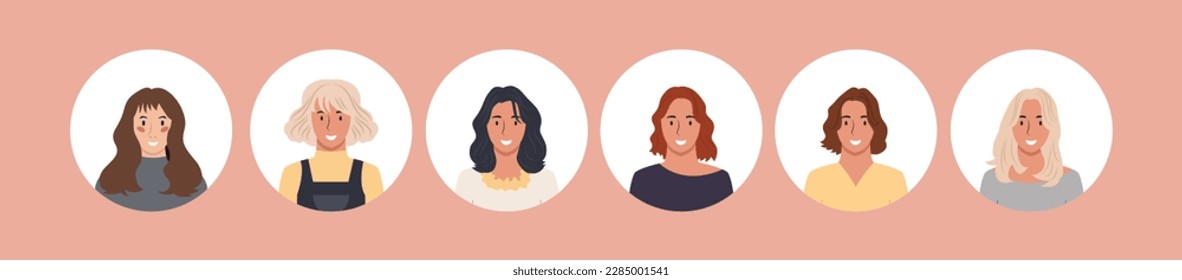 Colección de retratos de personas en diferentes marcos redondos de varias ilustraciones planas vectoriales de un equipo de grandes empresas. Colección de avatares de personas, hombres y mujeres. Grupo de compañeros sonrientes felices.