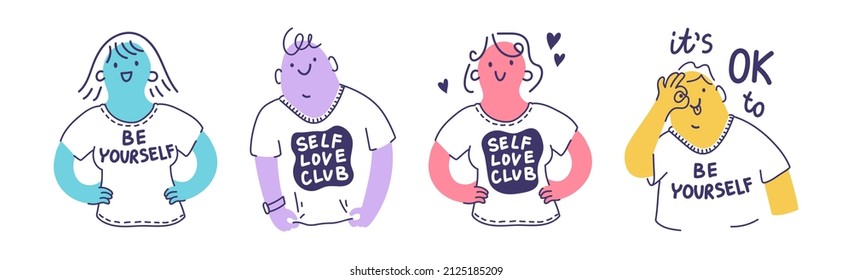 Collection of people portraits for web or app illustrations. Funny vector woman and man for mental health and wellbeing content. Self-love and self-acceptance concepts. Isolated on white.