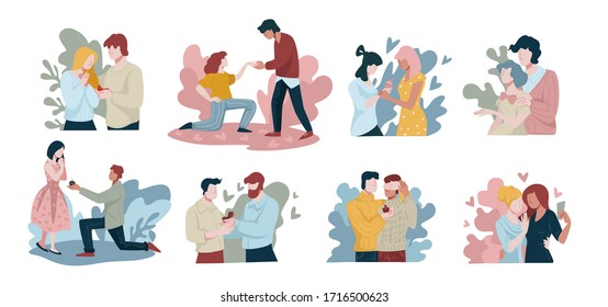 Collection of people proposing to dates, isolated set of characters giving engagement ring to beloved person. Gay and lesbian couples in love, non traditional and modern marriages, vector in flat