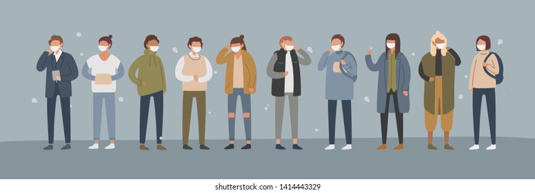 Collection of people in protective face dust masks. Bundle of men and women wearing protection from urban air pollution, smog, vapor, pollutant gas emission. Flat cartoon coloful vector illustration.