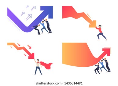 Collection of people pushing arrows. Flat cartoon characters changing graphs. Vector illustration for statistics, banner, marketing