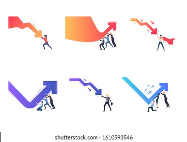 Collection of people pushing arrows. Flat vector illustrations of cartoon characters changing graphs. Growth, success, teamwork concept for banner, website design or landing web page