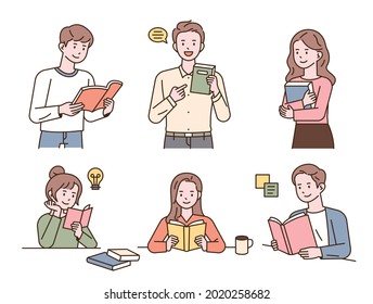 Collection of people reading a book. outline simple vector illustration.