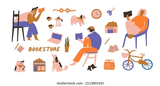 Collection of people reading books in bookstore or students studying, doing homework. Set of books readers illustrations.