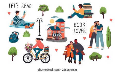 Collection of people reading books in the park. Hand written quotes, bookstore,girl on a bike,couple on a bench, backpack, flowers, lantern, trees.Cartoon vector flat clip art set on white background.