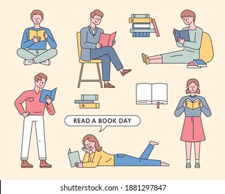 Collection of people reading books. People are reading books in various postures. flat design style minimal vector illustration.