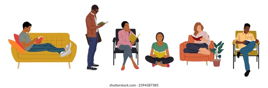 Collection of people reading books vector isolated