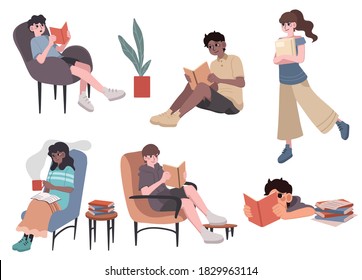 Collection of people reading and sitting. Book Lovers on white background. Flat cartoon vector illustration.