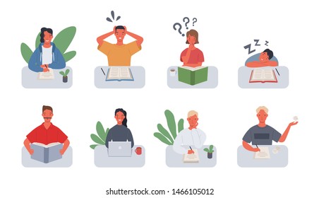 Collection of people reading or students studying and preparing for examination. Set young student with book. Vector illustration in a flat style