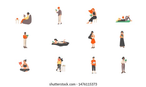 Collection of people reading or students studying and preparing for examination. Set of book lovers, readers, modern literature fans isolated on white background. Flat cartoon vector illustration.