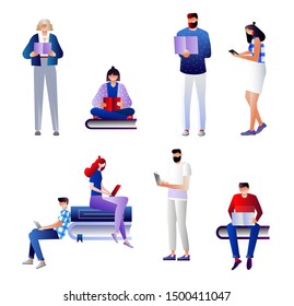 Collection of people reading or students studying and preparing for examination. Set of book lovers, readers, modern literature fans isolated on white background. Isometric cartoon vector illustration