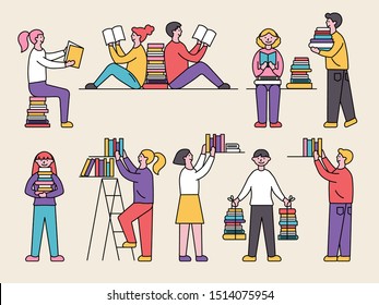 Collection of people reading or students studying and preparing for examination. Set of book lovers, readers, modern literature fans isolated on white background. Flat cartoon vector illustration.
