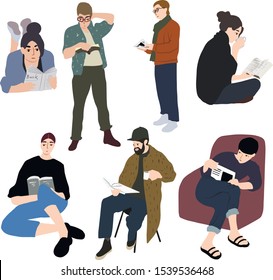 Collection of people reading or students studying and preparing for examination. Set of book lovers, readers, modern literature fans isolated on white background. Flat cartoon vector illustration.