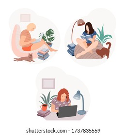 Collection of people reading or students studying and preparing for examination. Set of book lovers, readers, modern literature fans isolated on white background. Flat cartoon vector illustration.