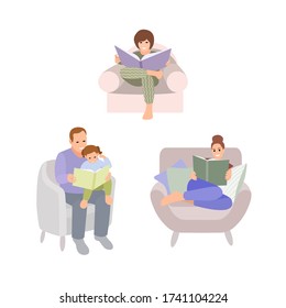 Collection of people reading or students studying and family fun time. Set of book lovers, readers, modern literature fans isolated on white background. Flat cartoon vector illustration.
