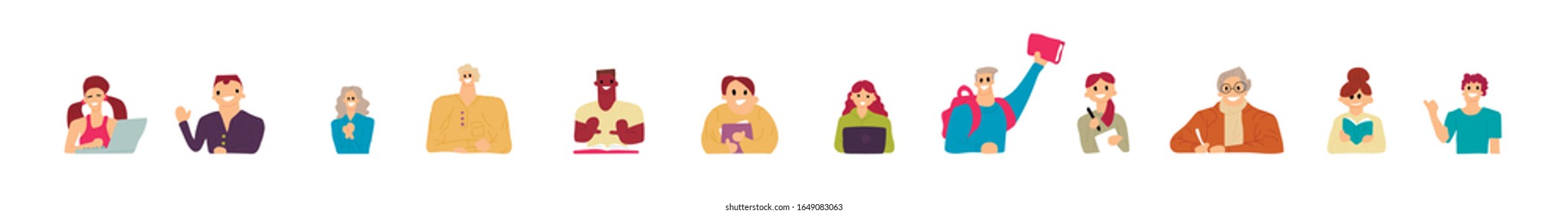 Collection of people reading and studying. Set of young students, book lovers, readers, fun boys and girls isolated on white background. Flat cartoon vector illustration.