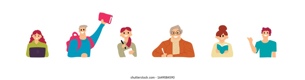 Colección de personas leyendo y estudiando. Conjunto de estudiantes jóvenes, amantes de los libros, lectores, chicos y chicas divertidos aislados en el fondo blanco. Dibujo vectorial plano.