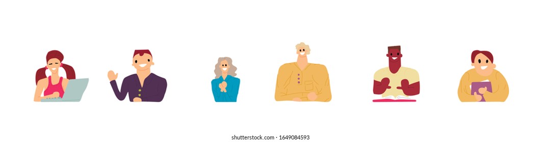 Collection of people reading and studying. Set of young students, book lovers, readers, fun boys and girls isolated on white background. Flat cartoon vector illustration.