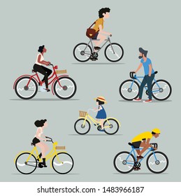 Collection of people riding a bicycle vector set