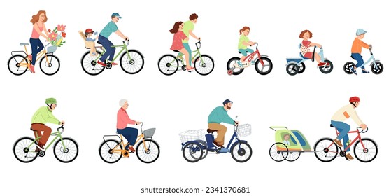 Colección de personas en bicicleta. Conjunto de familia: hombre, mujer, hijos, abuelo y abuela en bicicletas de varios tipos - con asientos para niños, remolques, bicicletas de balance. Ilustración vectorial plana.