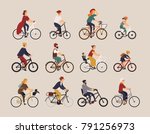 Collection of people riding bicycles of various types - city, bmx, hybrid, chopper, cruiser, single speed, fixed gear. Set of cartoon men, women and children on bikes. Colorful vector illustration.