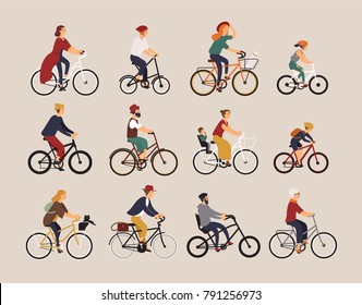 Collection of people riding bicycles of various types - city, bmx, hybrid, chopper, cruiser, single speed, fixed gear. Set of cartoon men, women and children on bikes. Colorful vector illustration.