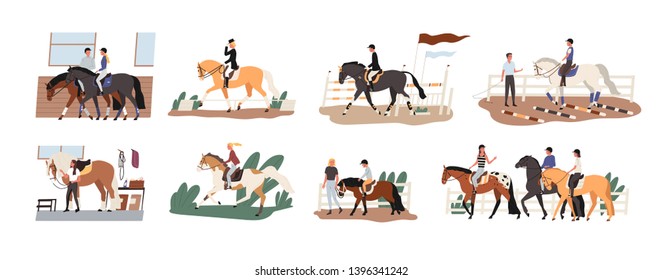 Collection of people riding horses. Bundle of cute men, women and children practicing horseback riding or equestrianism, caring about their domestic animals. Flat cartoon colorful vector illustration.