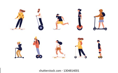 Collection of people riding skateboard, longboard and modern personal transporters - hoverboard or self-balancing board, electric unicycle, motorized kick scooter. Flat cartoon vector illustration.