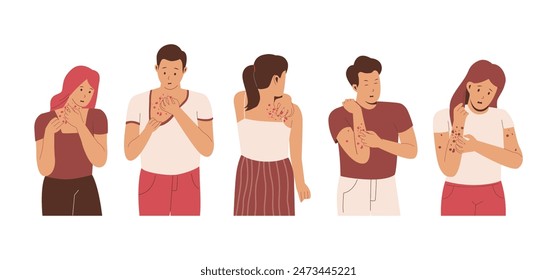 Collection people scratching body, rash, allergy on skin. Illustration for websites, landing pages, mobile applications, posters and banners. Trendy flat vector illustration