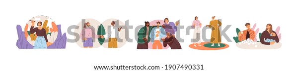 Collection of people setting, protecting and\
violating personal boundaries during social interaction with\
family, friends and colleagues. Colored flat vector illustration\
isolated on white\
background