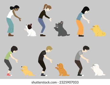 Collection of people shaking hands with cute small dogs flat colored