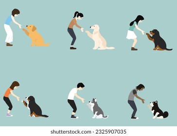 Collection of people shaking hands with cute large dogs flat colored