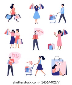 Collection of people with Shopping Bags and Carts. Big sale, up to 50%  Discount, Advertising Banner, promo Poster. Vector illustration.